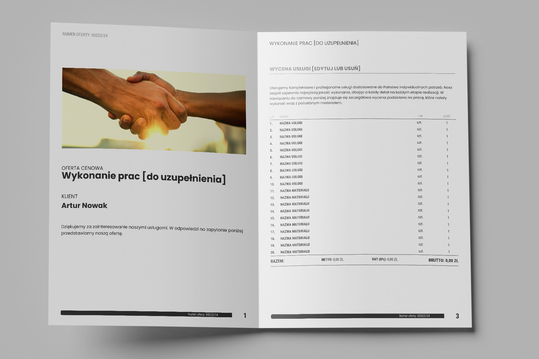 Wzór prostej uniwersalnej oferty handlowej jedynka pewniak